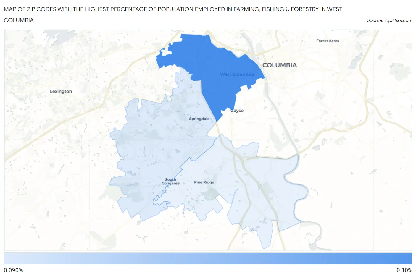 Zip Codes with the Highest Percentage of Population Employed in Farming, Fishing & Forestry in West Columbia Map