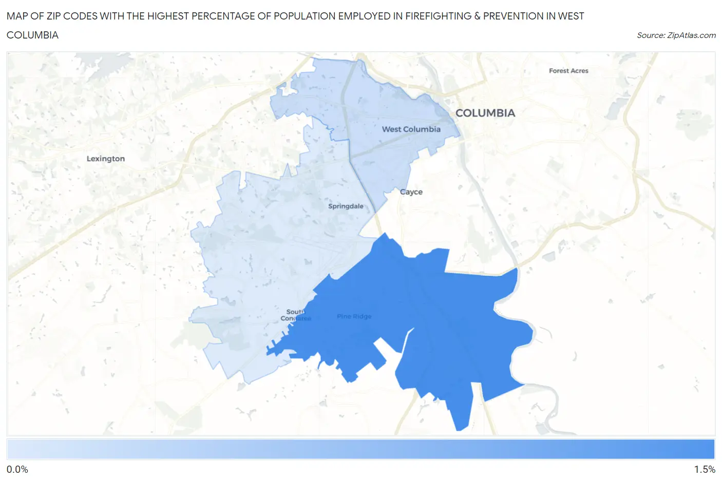 Zip Codes with the Highest Percentage of Population Employed in Firefighting & Prevention in West Columbia Map