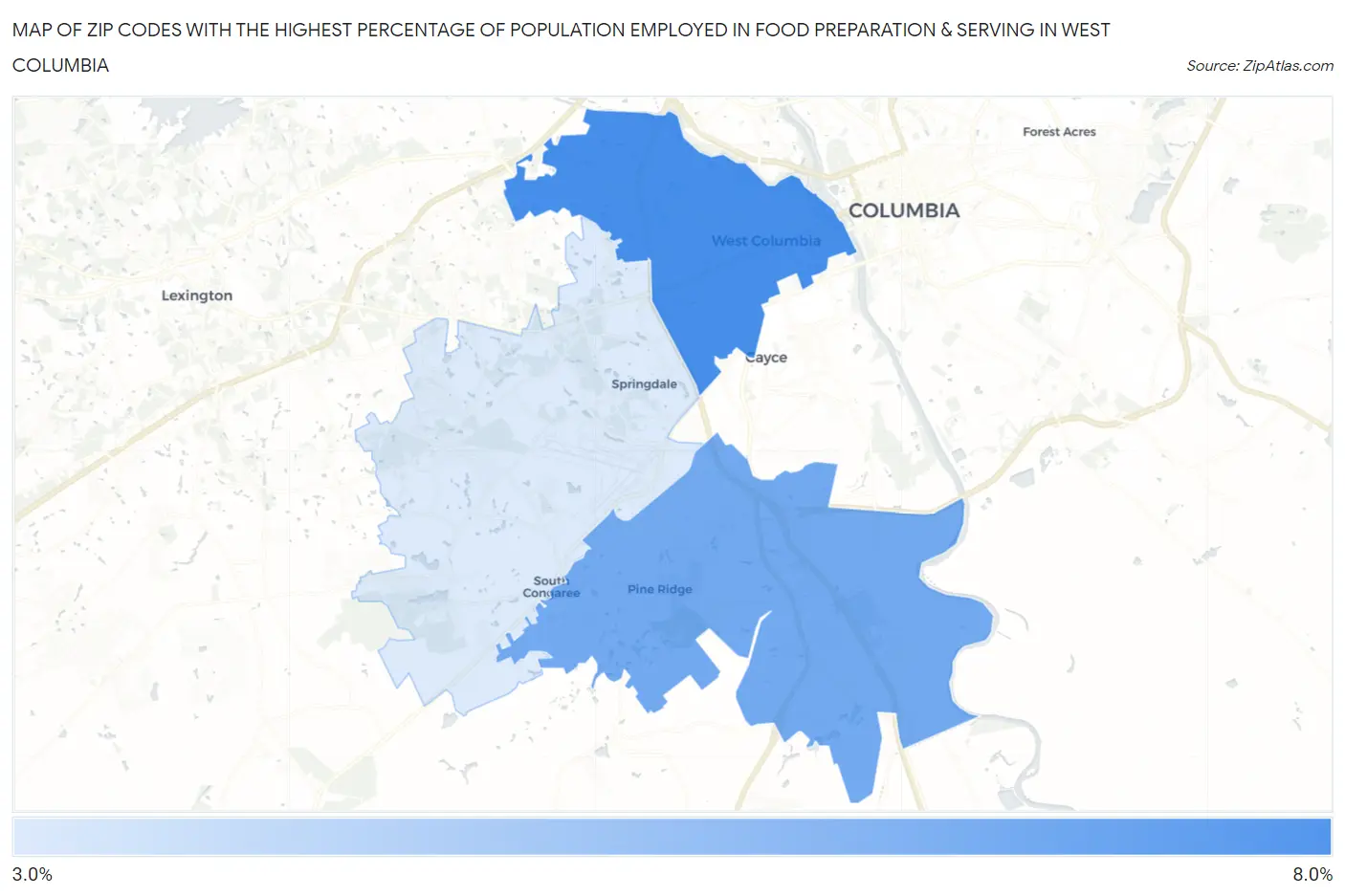 Zip Codes with the Highest Percentage of Population Employed in Food Preparation & Serving in West Columbia Map