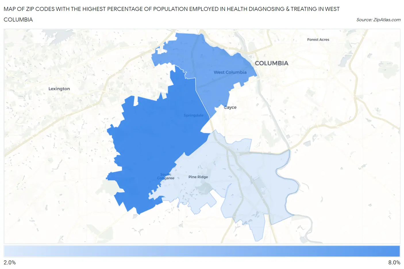 Zip Codes with the Highest Percentage of Population Employed in Health Diagnosing & Treating in West Columbia Map