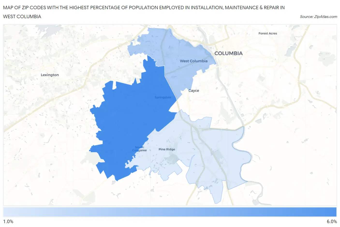 Zip Codes with the Highest Percentage of Population Employed in Installation, Maintenance & Repair in West Columbia Map