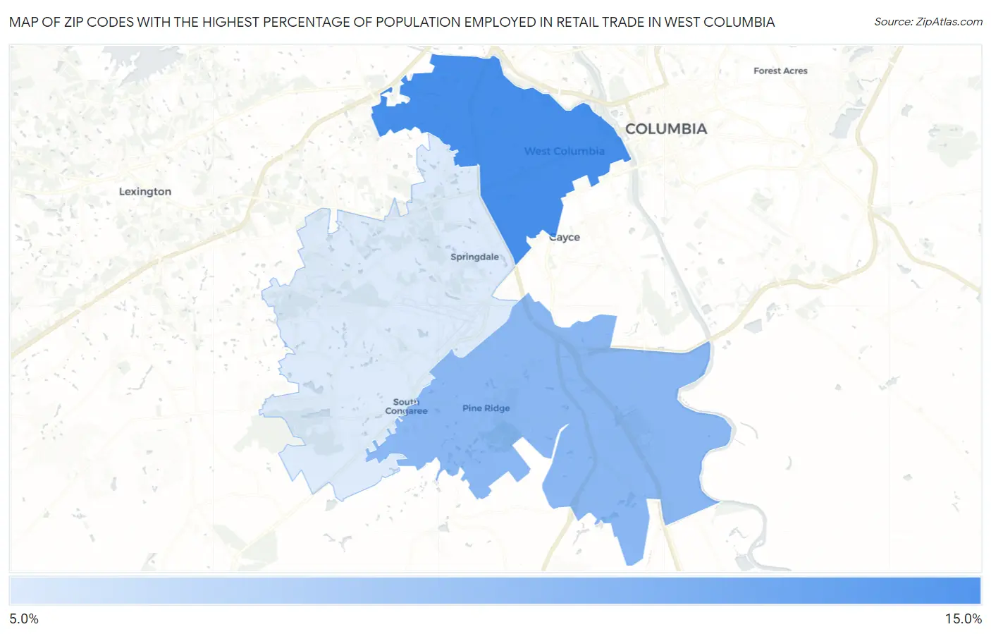 Zip Codes with the Highest Percentage of Population Employed in Retail Trade in West Columbia Map