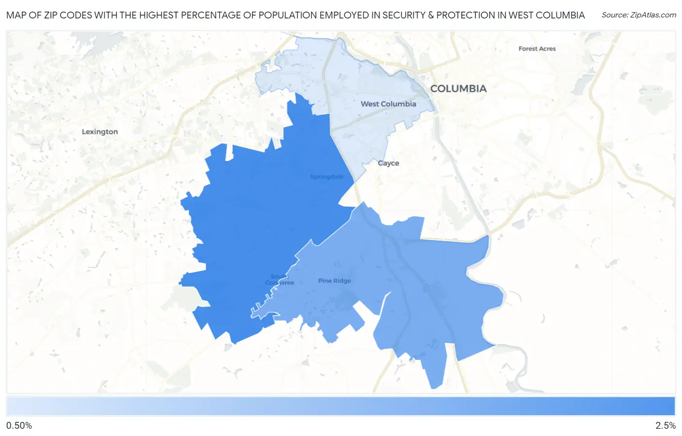 Zip Codes with the Highest Percentage of Population Employed in Security & Protection in West Columbia Map