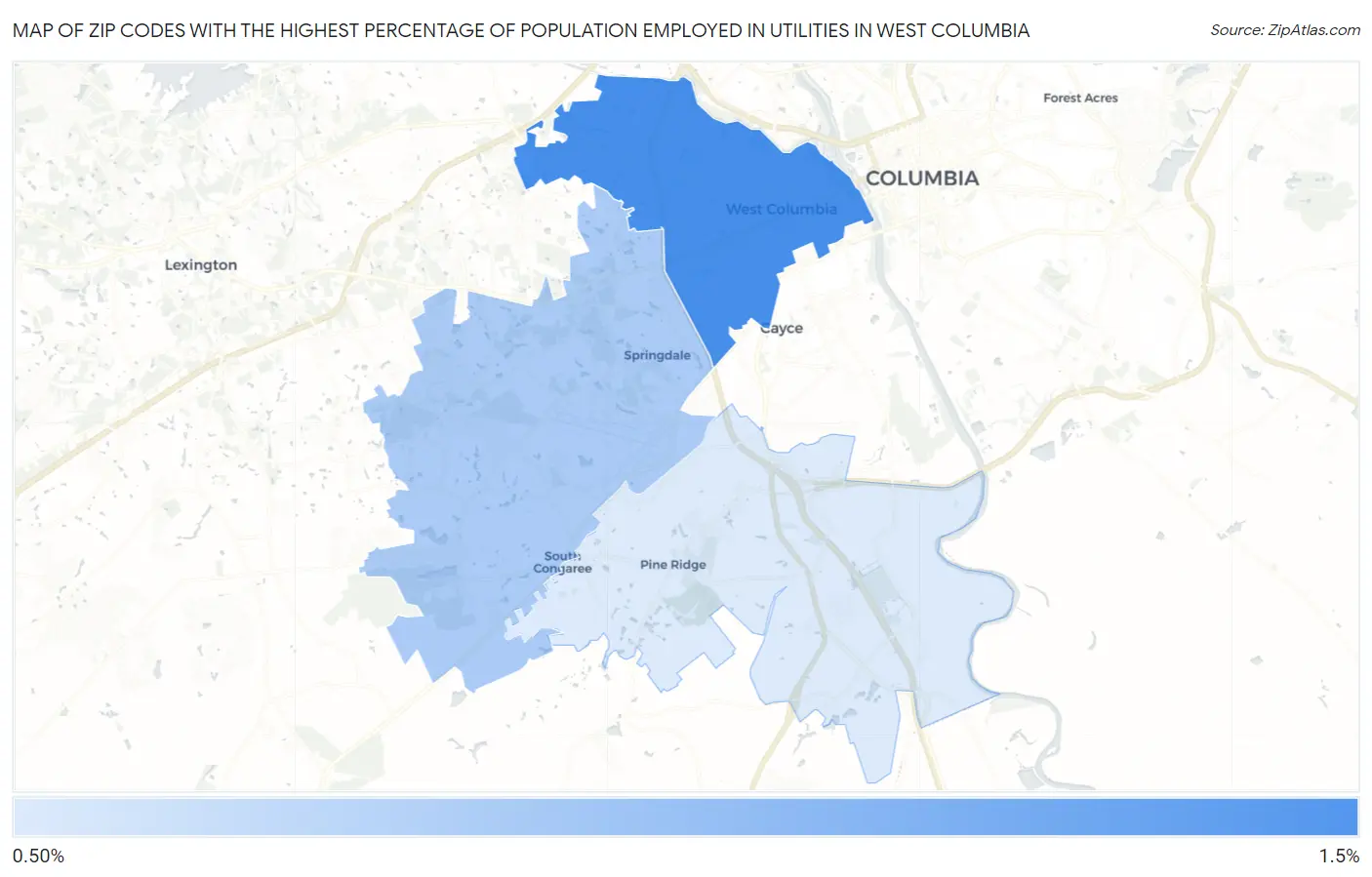 Zip Codes with the Highest Percentage of Population Employed in Utilities in West Columbia Map