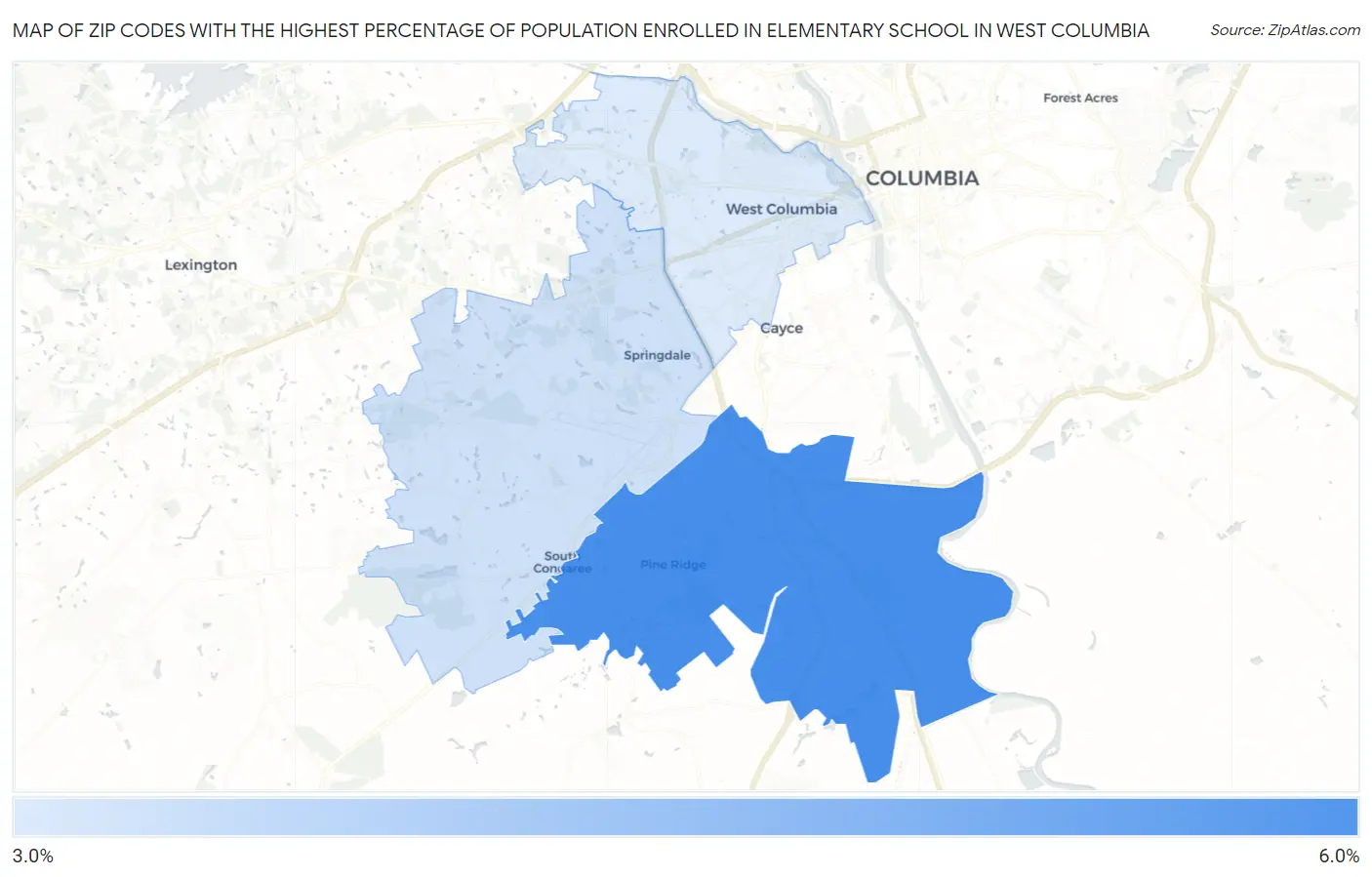 Zip Codes with the Highest Percentage of Population Enrolled in Elementary School in West Columbia Map