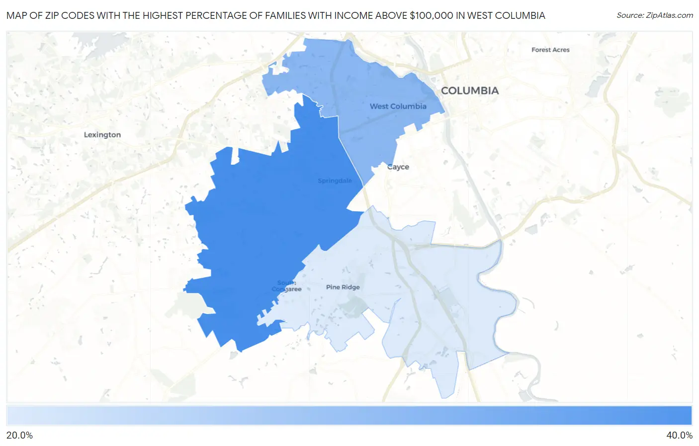 Zip Codes with the Highest Percentage of Families with Income Above $100,000 in West Columbia Map