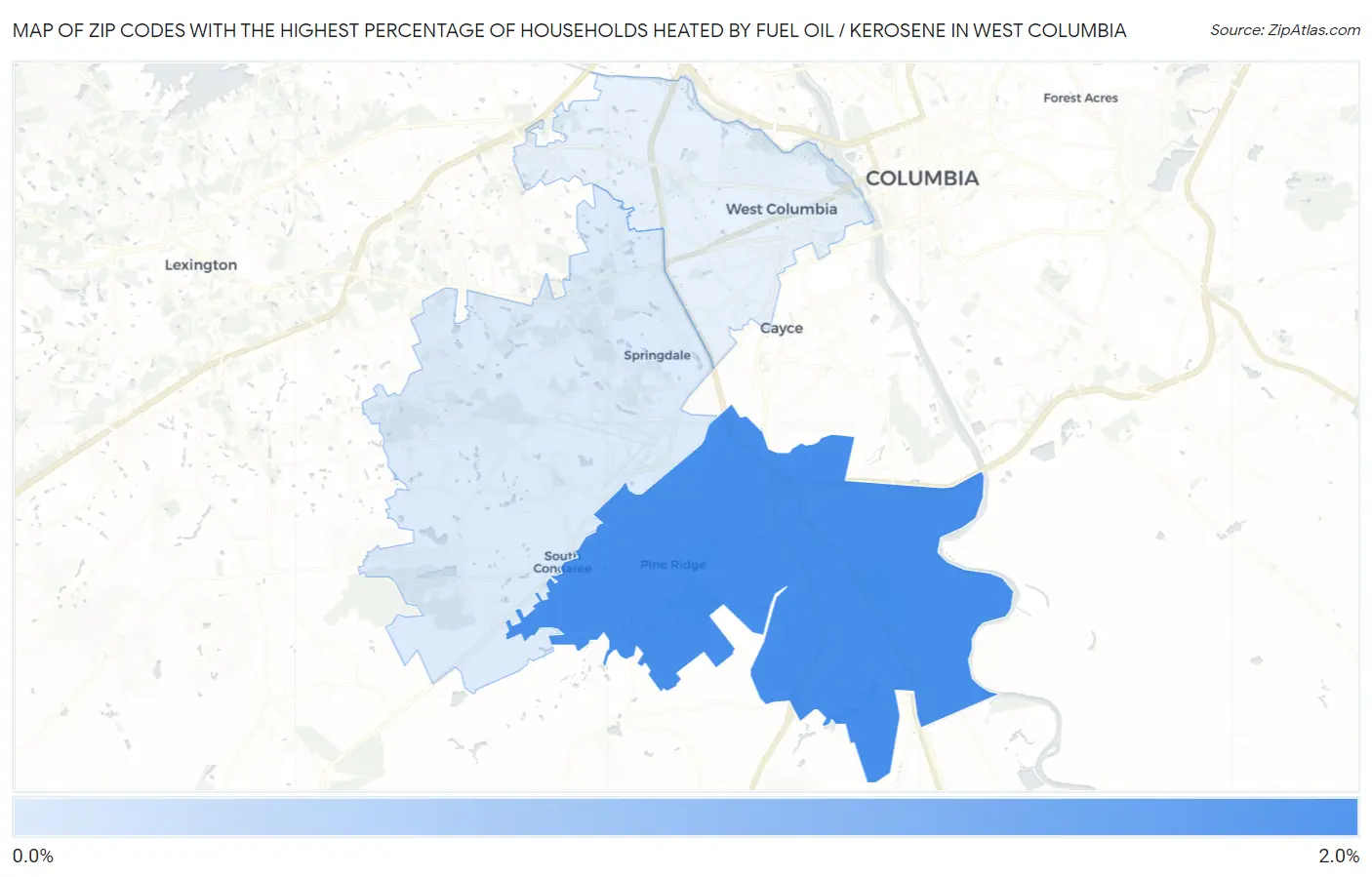 Zip Codes with the Highest Percentage of Households Heated by Fuel Oil / Kerosene in West Columbia Map