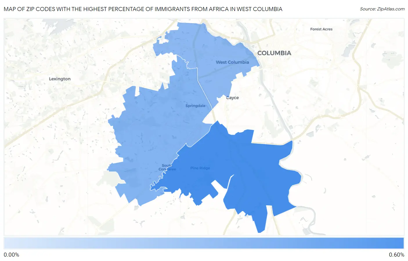 Zip Codes with the Highest Percentage of Immigrants from Africa in West Columbia Map