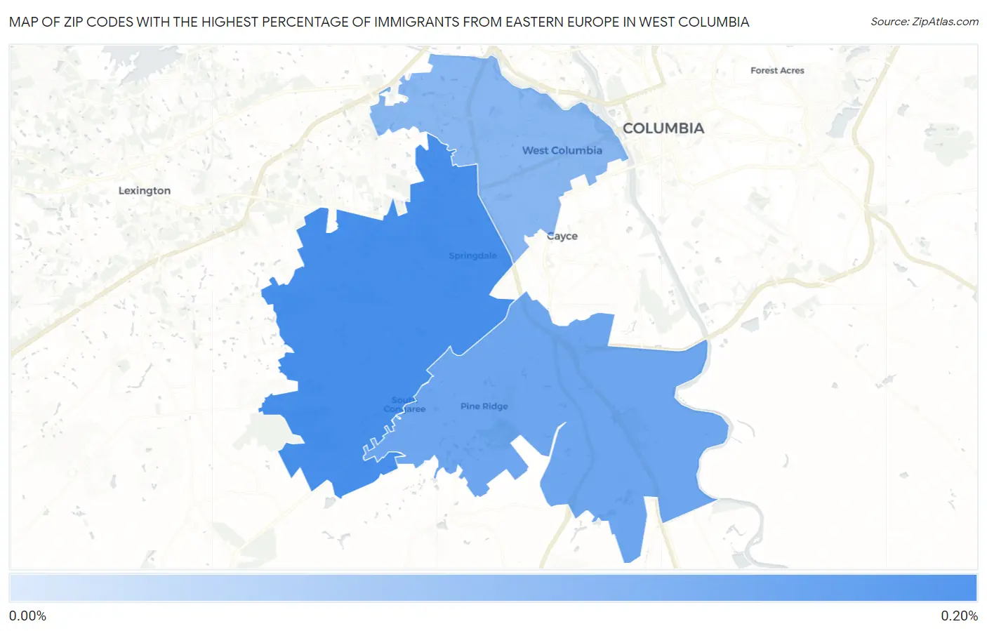 Zip Codes with the Highest Percentage of Immigrants from Eastern Europe in West Columbia Map