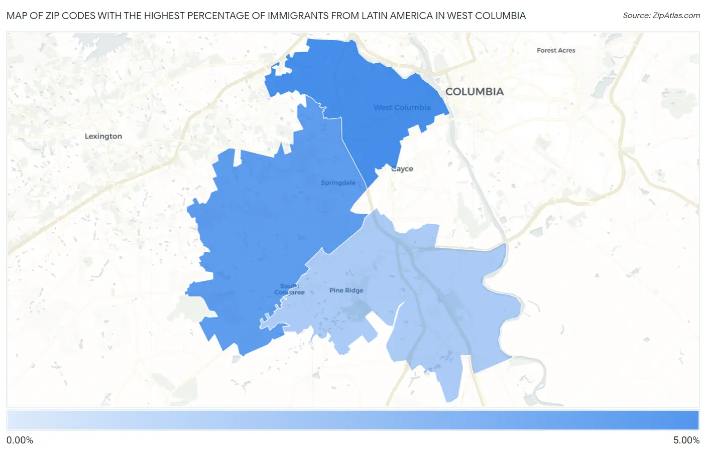 Zip Codes with the Highest Percentage of Immigrants from Latin America in West Columbia Map