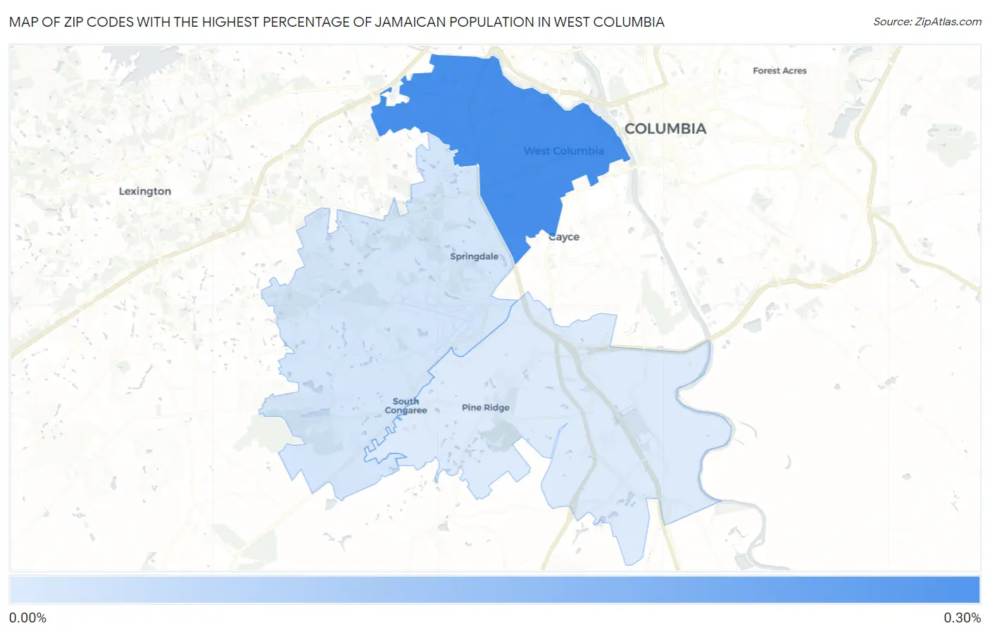 Zip Codes with the Highest Percentage of Jamaican Population in West Columbia Map