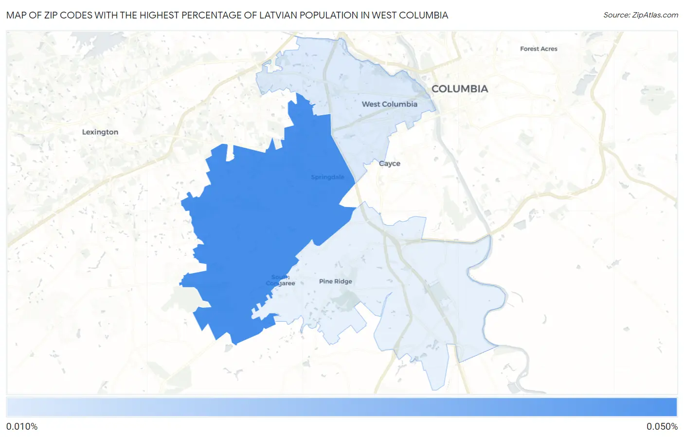 Zip Codes with the Highest Percentage of Latvian Population in West Columbia Map