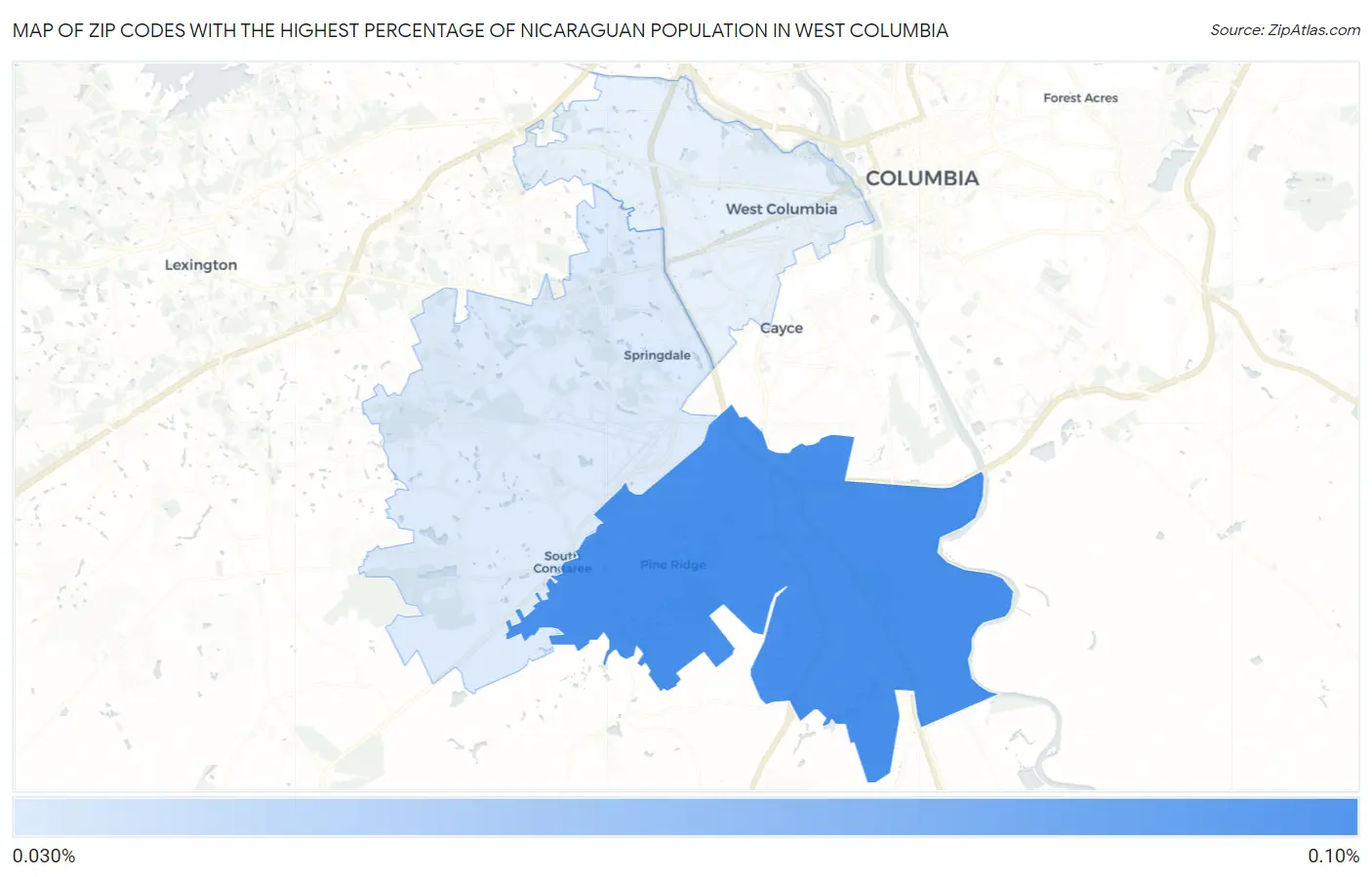 Zip Codes with the Highest Percentage of Nicaraguan Population in West Columbia Map