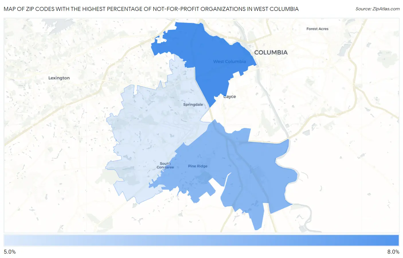 Zip Codes with the Highest Percentage of Not-for-profit Organizations in West Columbia Map