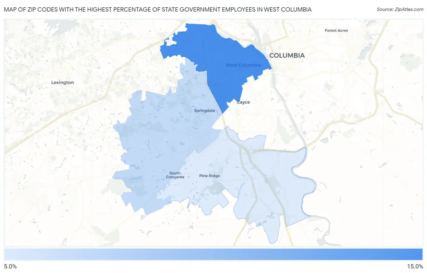 Zip Codes with the Highest Percentage of State Government Employees in West Columbia Map