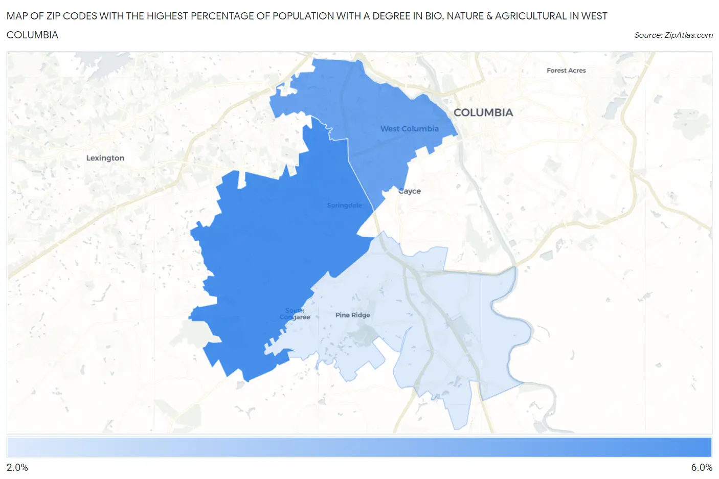 Zip Codes with the Highest Percentage of Population with a Degree in Bio, Nature & Agricultural in West Columbia Map