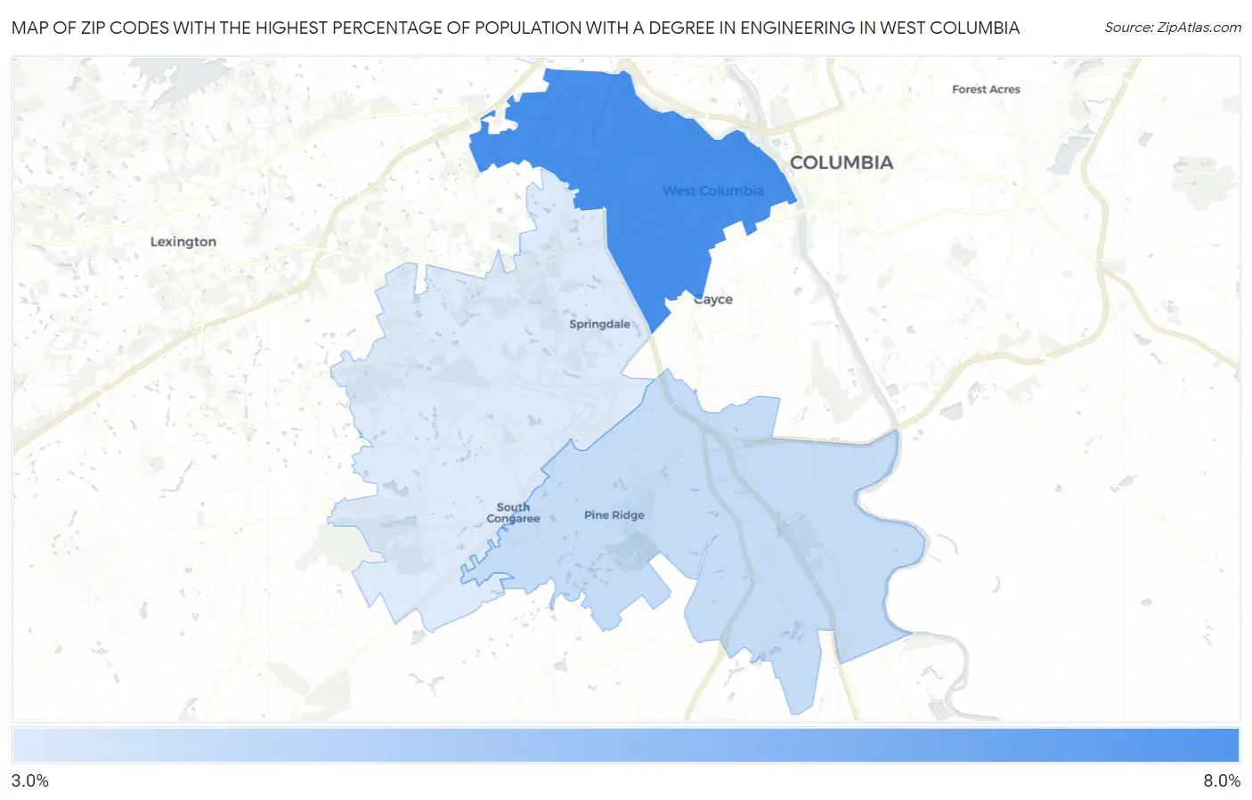 Zip Codes with the Highest Percentage of Population with a Degree in Engineering in West Columbia Map