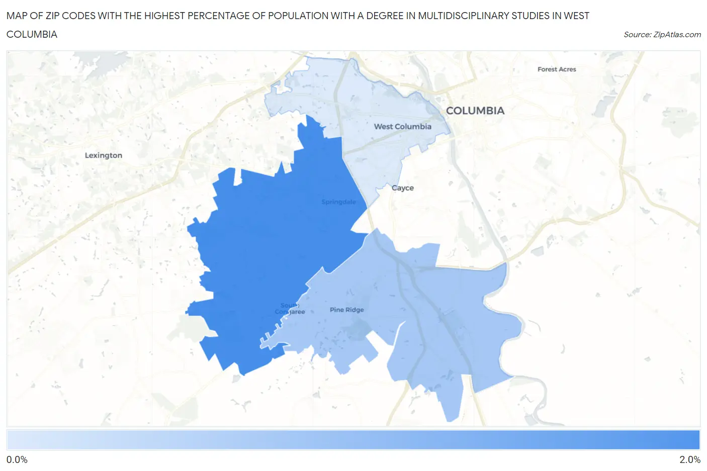Zip Codes with the Highest Percentage of Population with a Degree in Multidisciplinary Studies in West Columbia Map