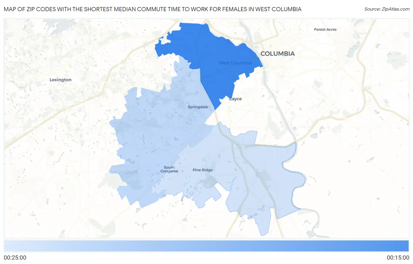 Zip Codes with the Shortest Median Commute Time to Work for Females in West Columbia Map