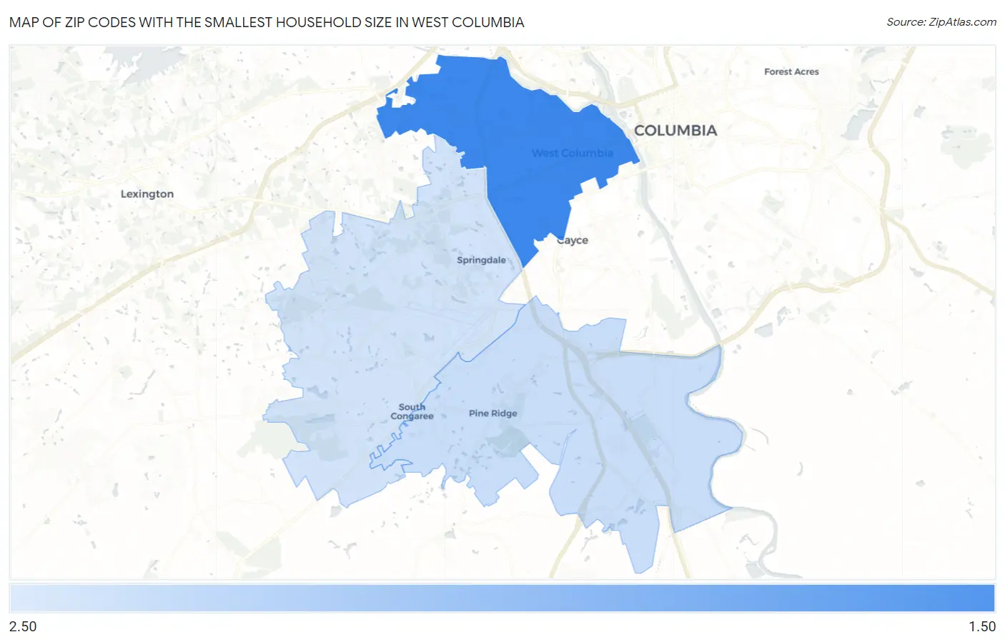 Zip Codes with the Smallest Household Size in West Columbia Map