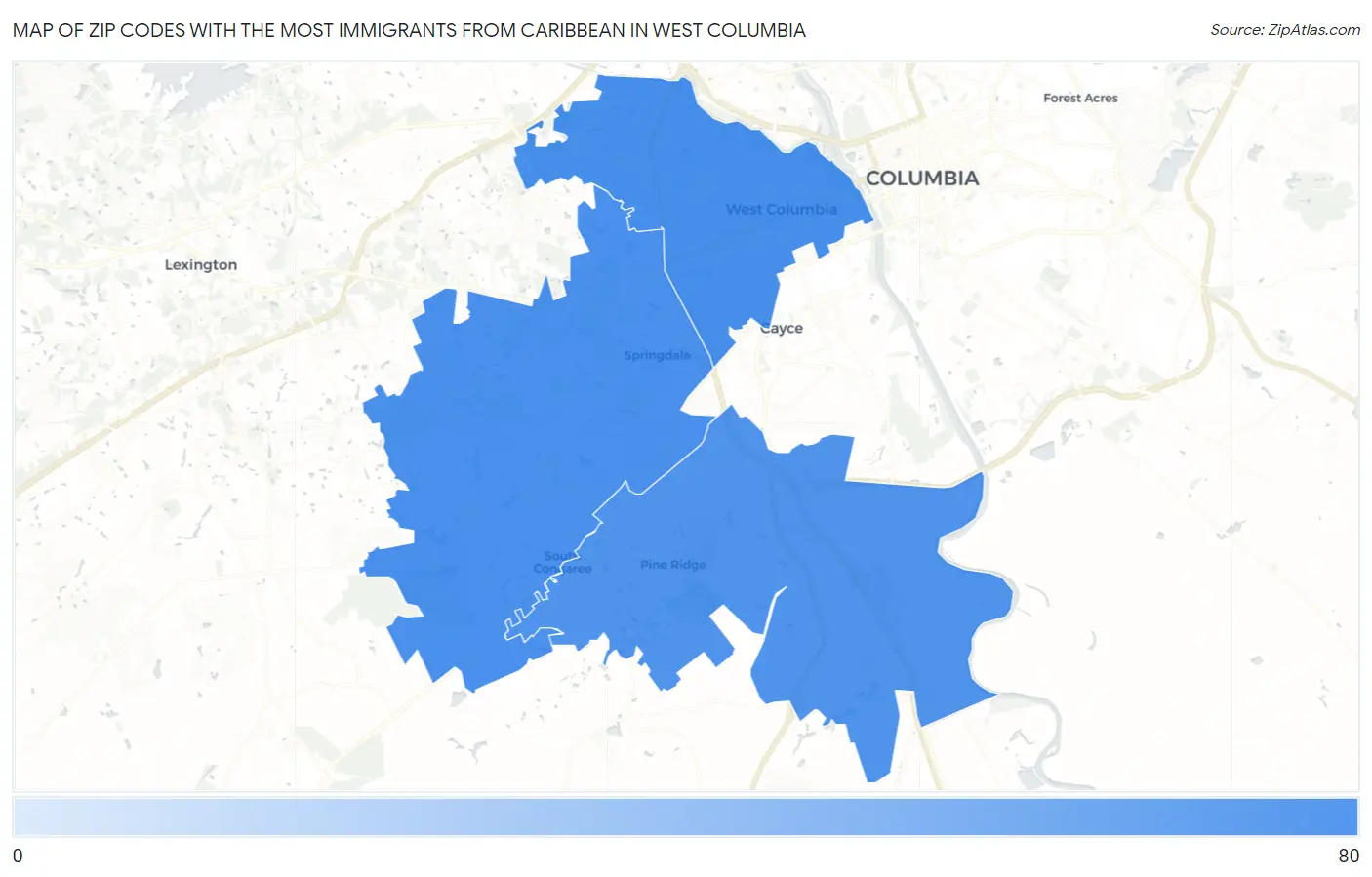 Zip Codes with the Most Immigrants from Caribbean in West Columbia Map