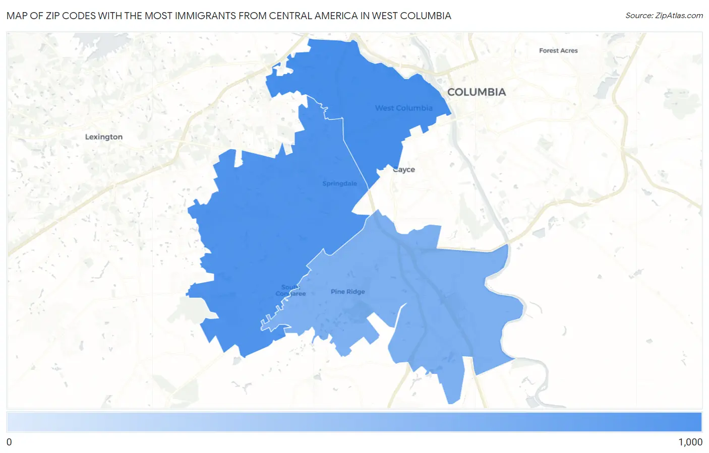 Zip Codes with the Most Immigrants from Central America in West Columbia Map