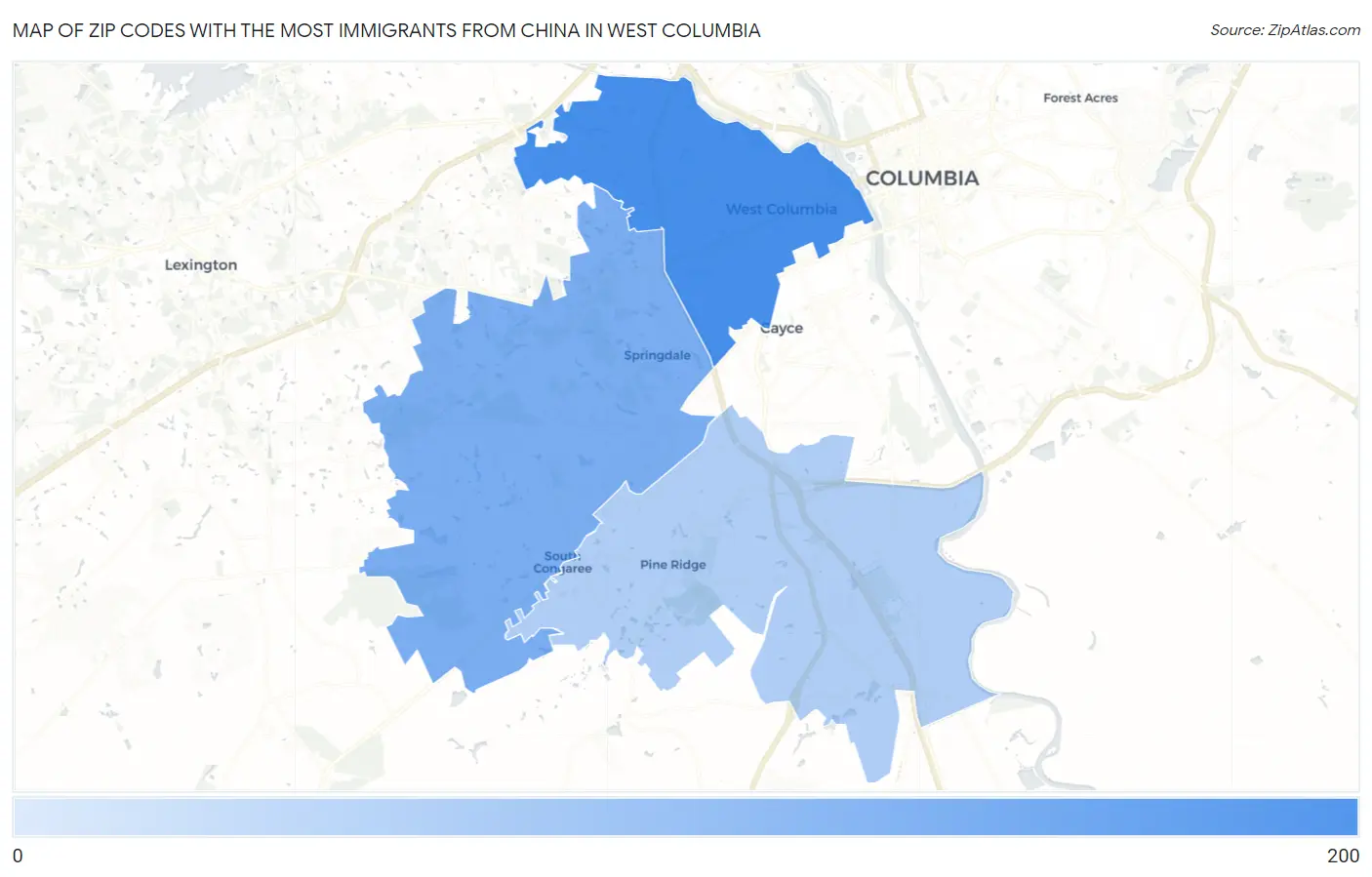 Zip Codes with the Most Immigrants from China in West Columbia Map