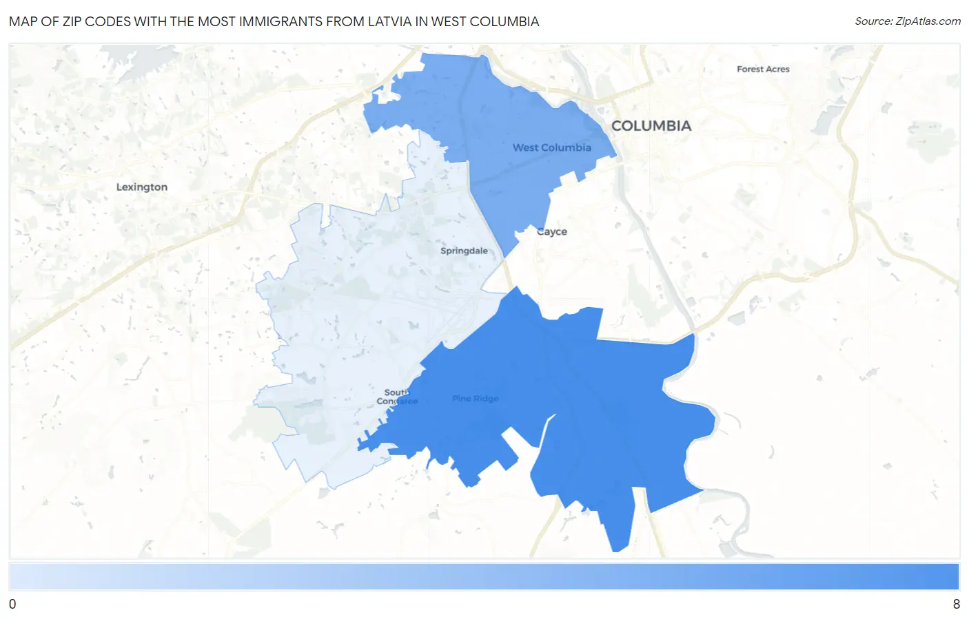 Zip Codes with the Most Immigrants from Latvia in West Columbia Map