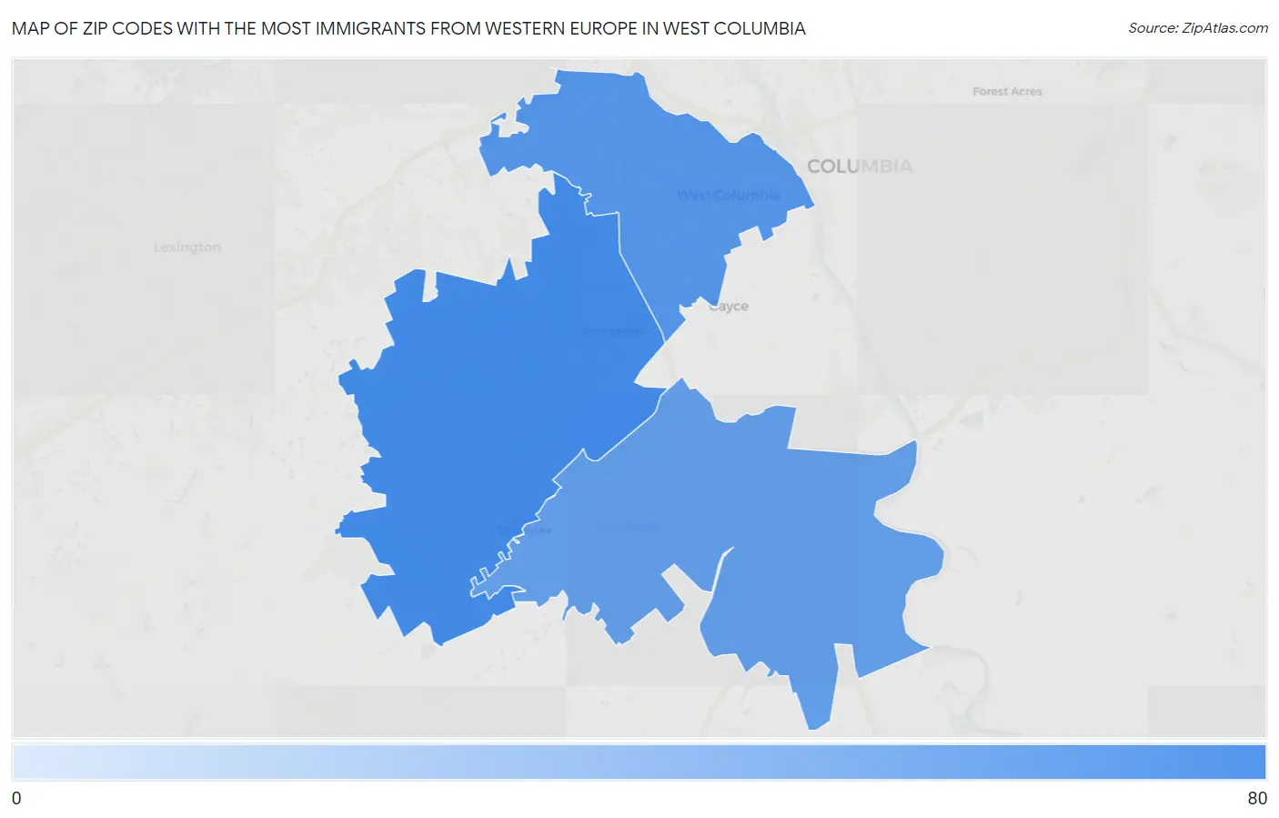 Zip Codes with the Most Immigrants from Western Europe in West Columbia Map