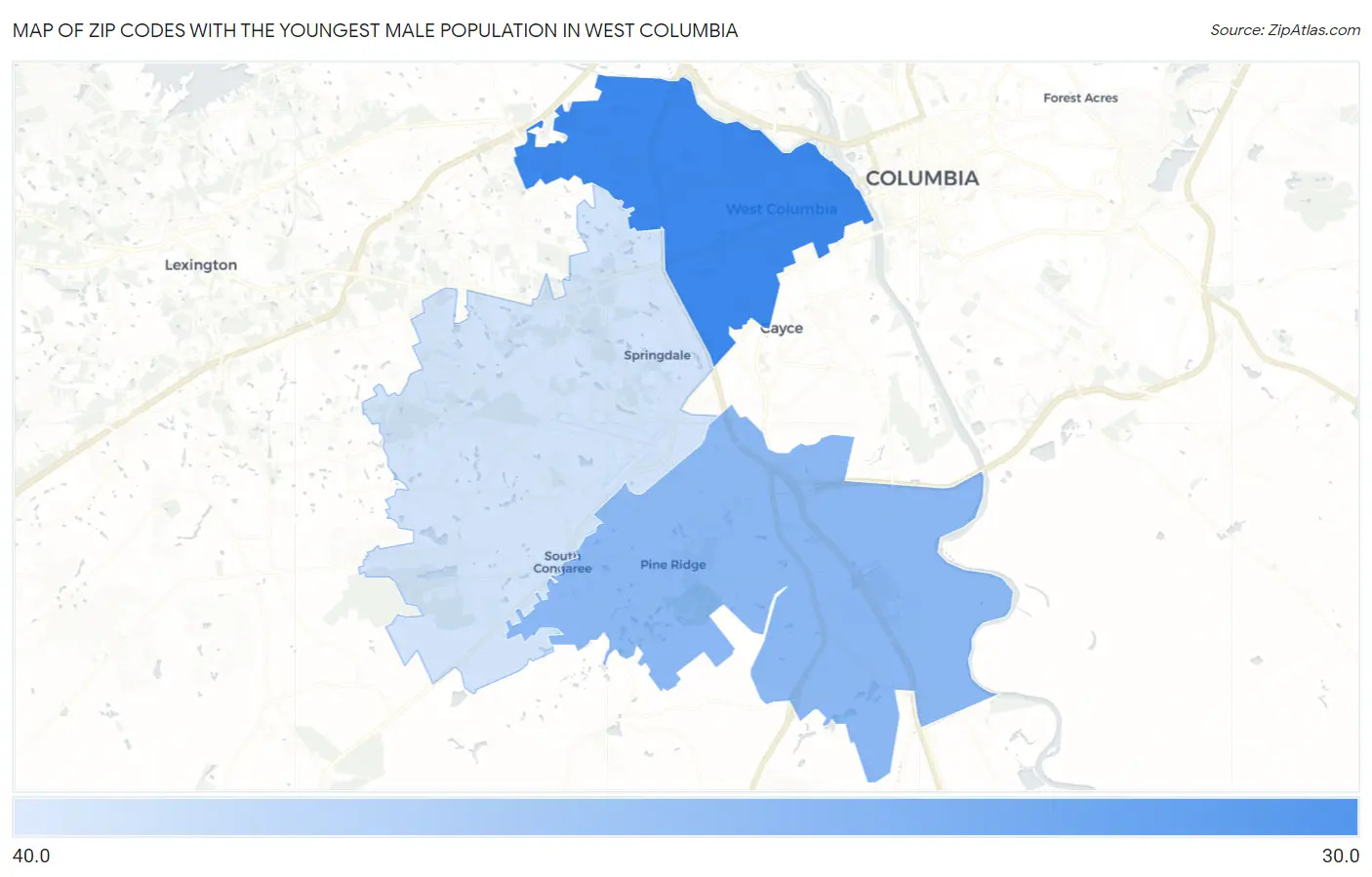 Zip Codes with the Youngest Male Population in West Columbia Map