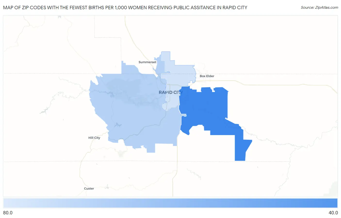 Zip Codes with the Fewest Births per 1,000 Women Receiving Public Assitance in Rapid City Map