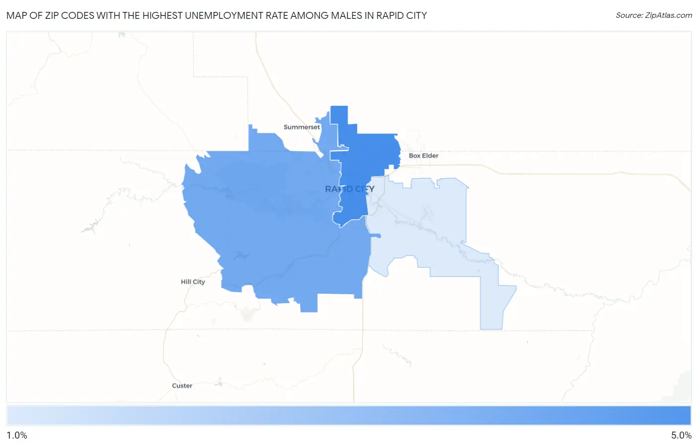 Zip Codes with the Highest Unemployment Rate Among Males in Rapid City Map