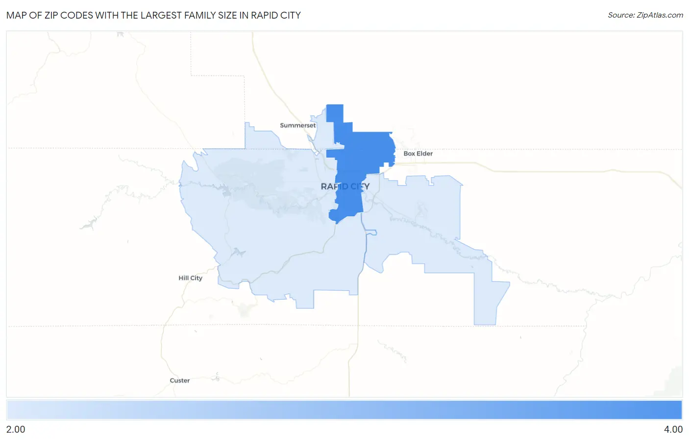Zip Codes with the Largest Family Size in Rapid City Map
