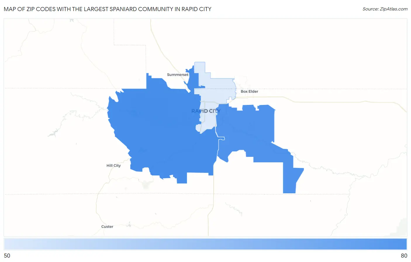 Zip Codes with the Largest Spaniard Community in Rapid City Map