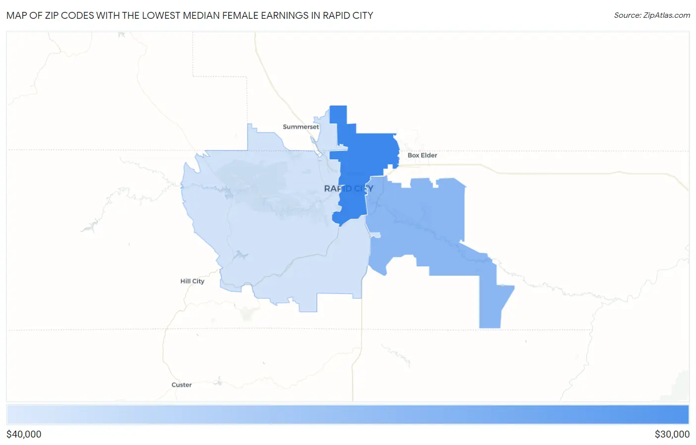 Zip Codes with the Lowest Median Female Earnings in Rapid City Map