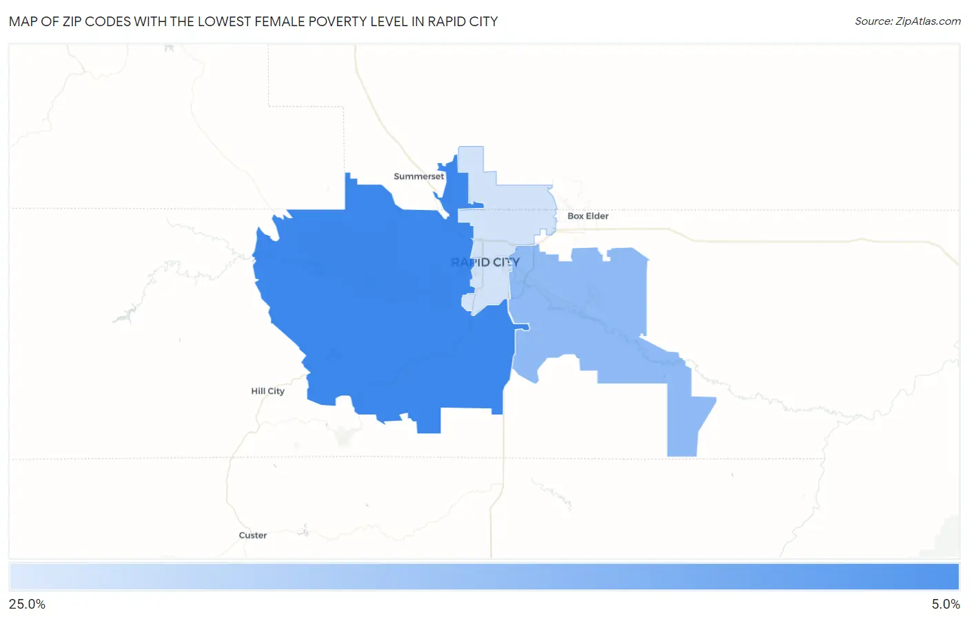 Zip Codes with the Lowest Female Poverty Level in Rapid City Map