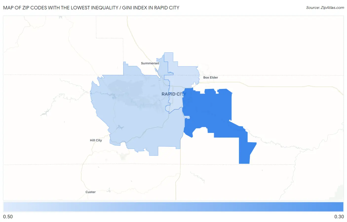 Zip Codes with the Lowest Inequality / Gini Index in Rapid City Map
