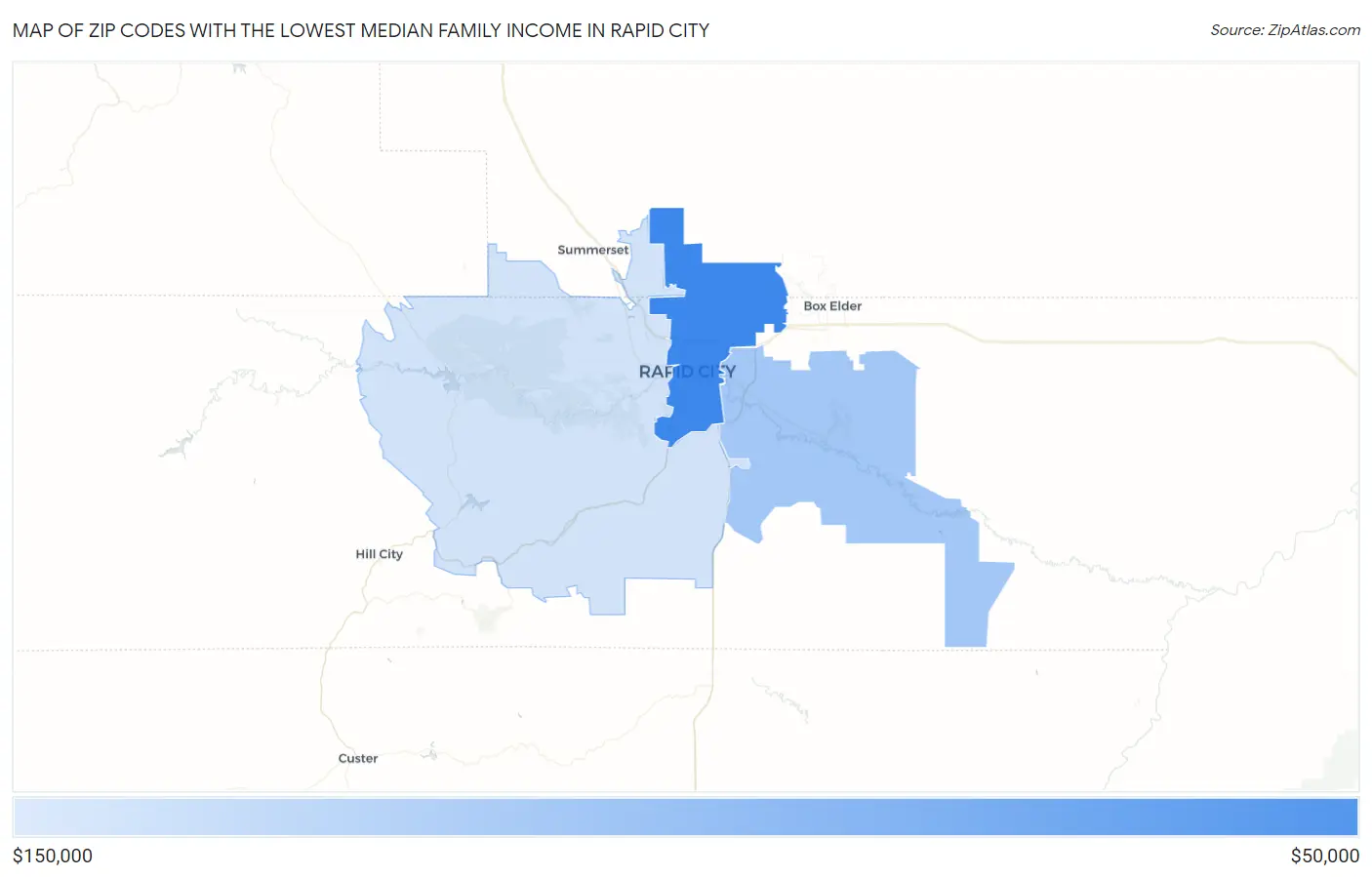 Zip Codes with the Lowest Median Family Income in Rapid City Map