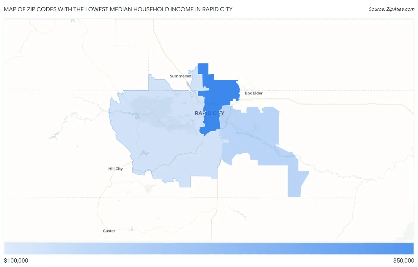 Zip Codes with the Lowest Median Household Income in Rapid City Map