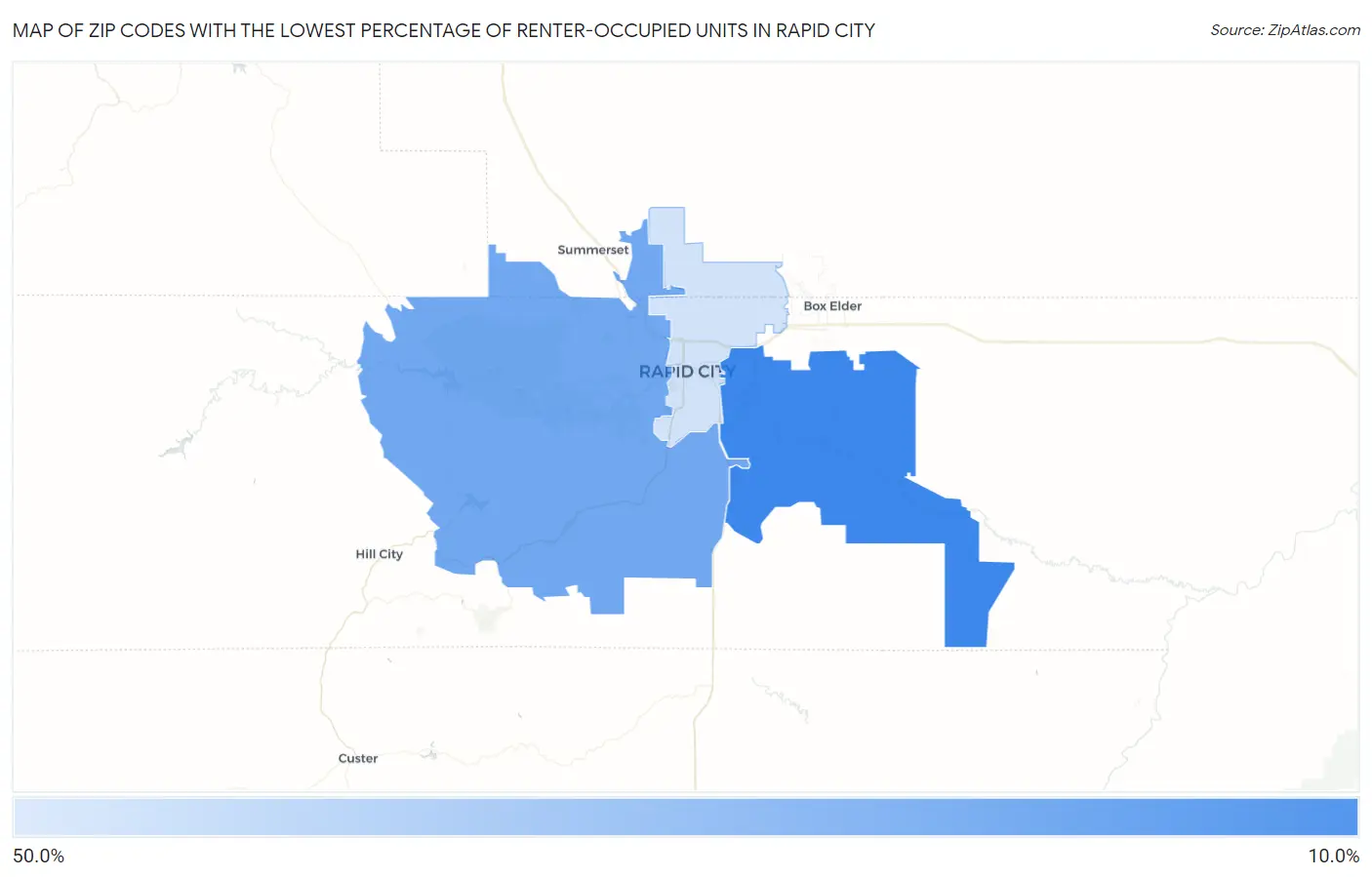 Zip Codes with the Lowest Percentage of Renter-Occupied Units in Rapid City Map