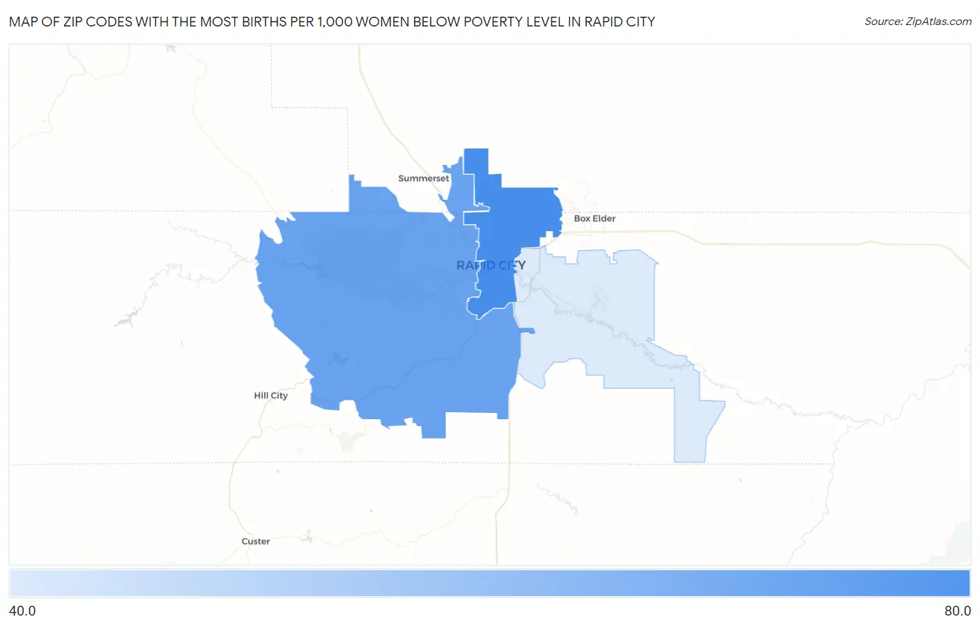 Zip Codes with the Most Births per 1,000 Women Below Poverty Level in Rapid City Map