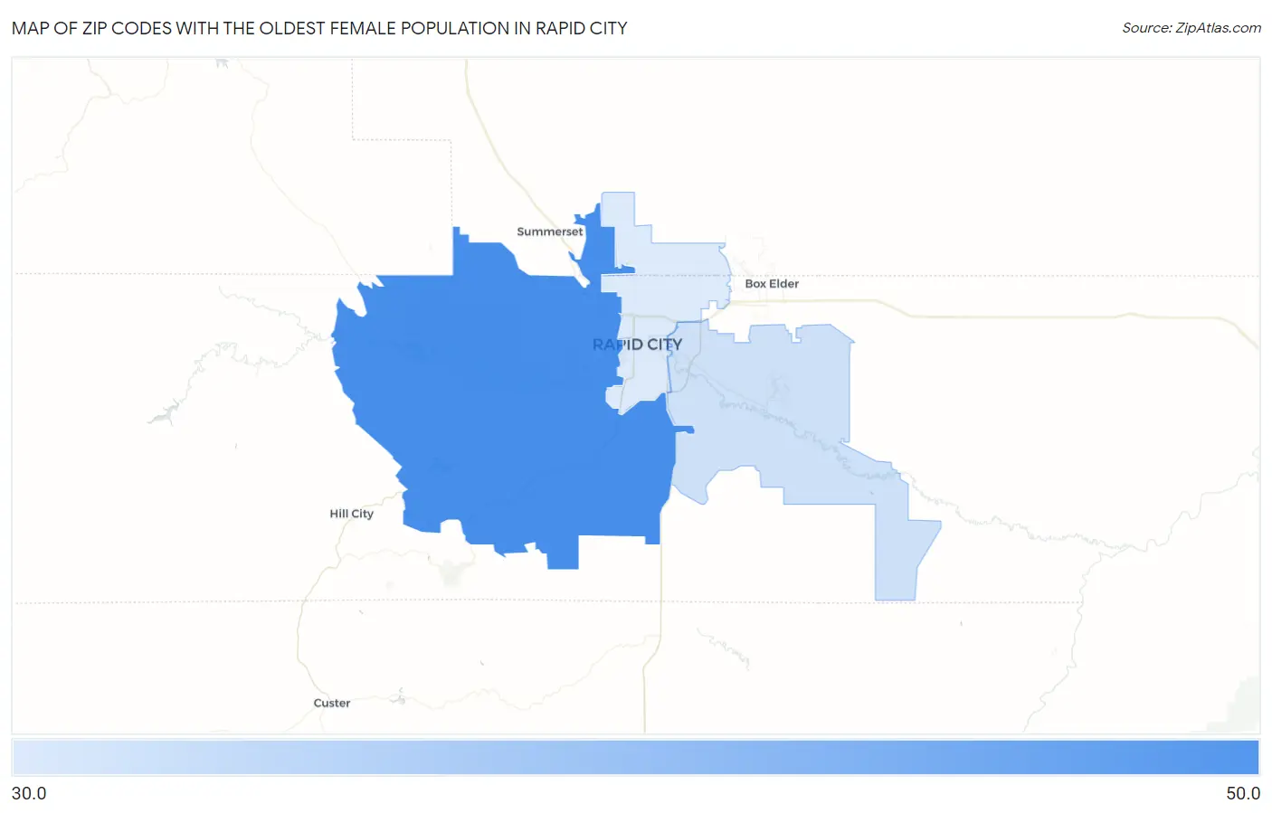 Zip Codes with the Oldest Female Population in Rapid City Map