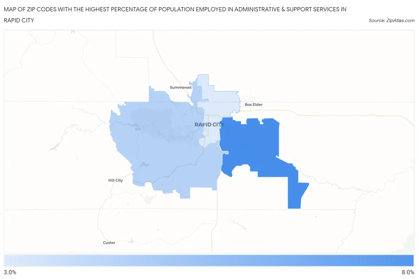 Zip Codes with the Highest Percentage of Population Employed in Administrative & Support Services in Rapid City Map