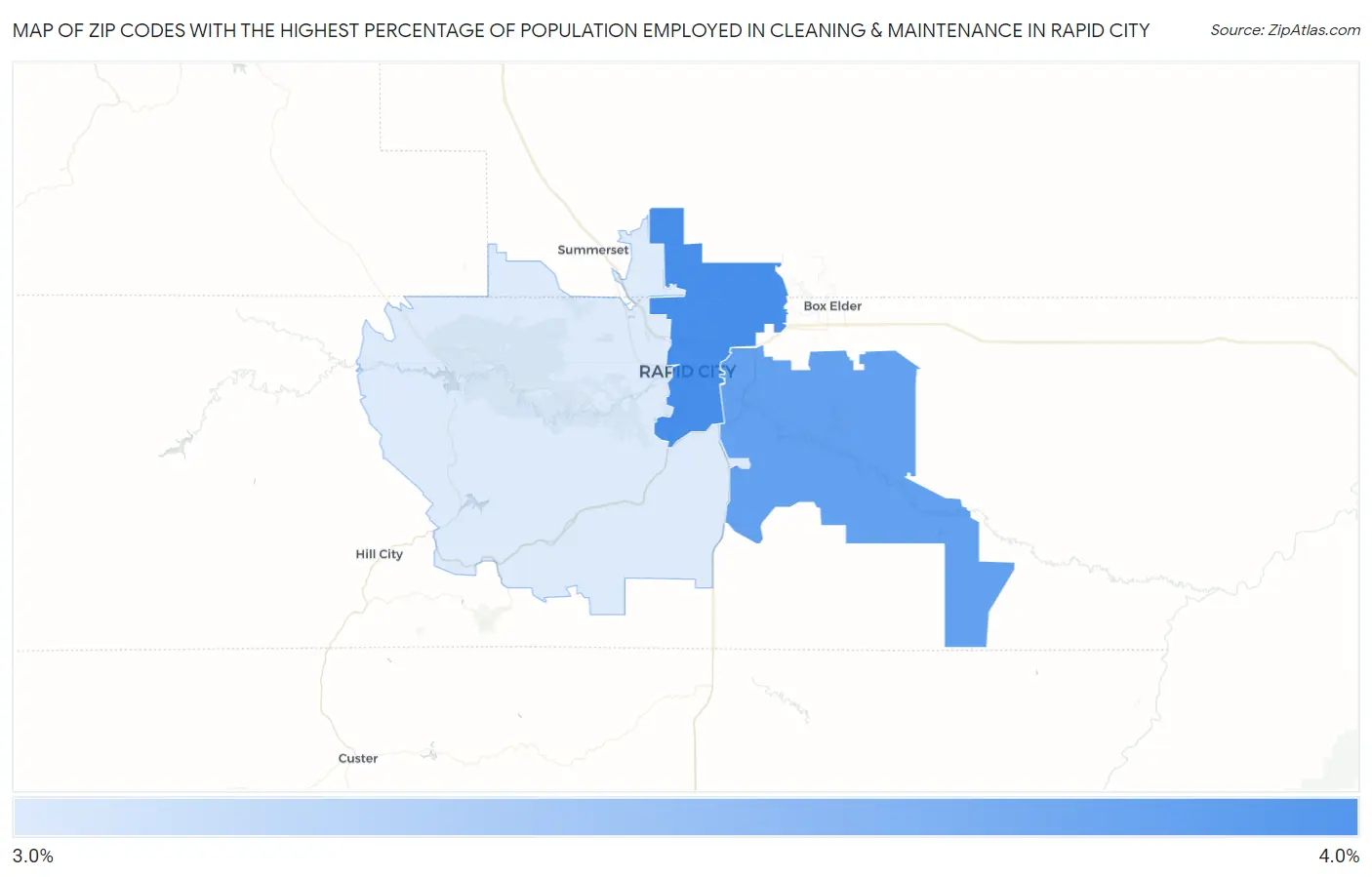 Zip Codes with the Highest Percentage of Population Employed in Cleaning & Maintenance in Rapid City Map