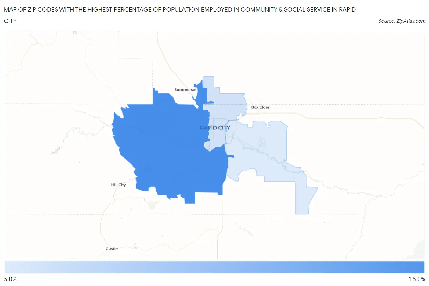 Zip Codes with the Highest Percentage of Population Employed in Community & Social Service  in Rapid City Map