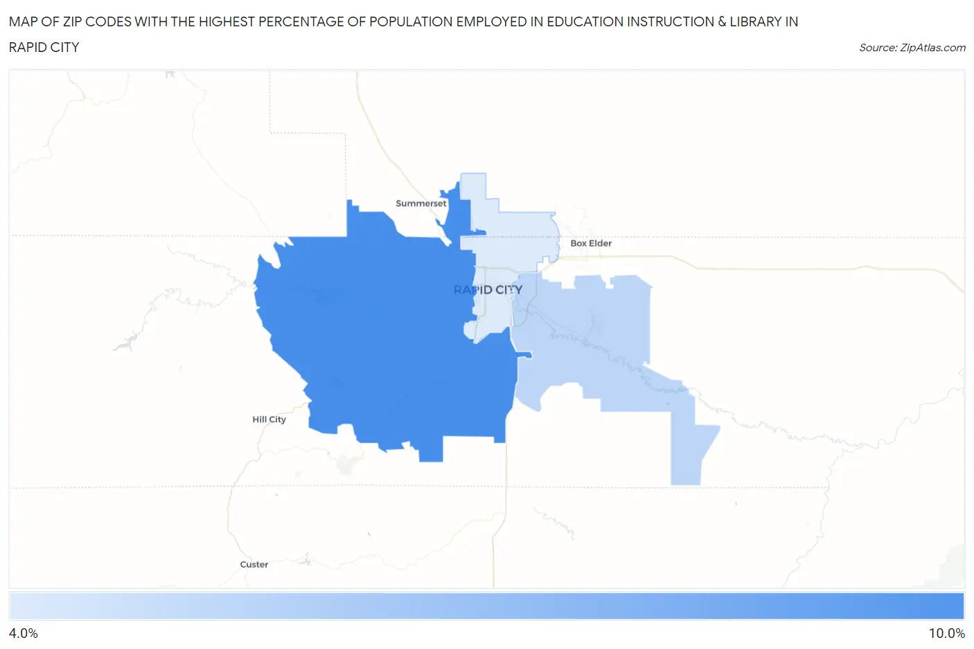 Zip Codes with the Highest Percentage of Population Employed in Education Instruction & Library in Rapid City Map