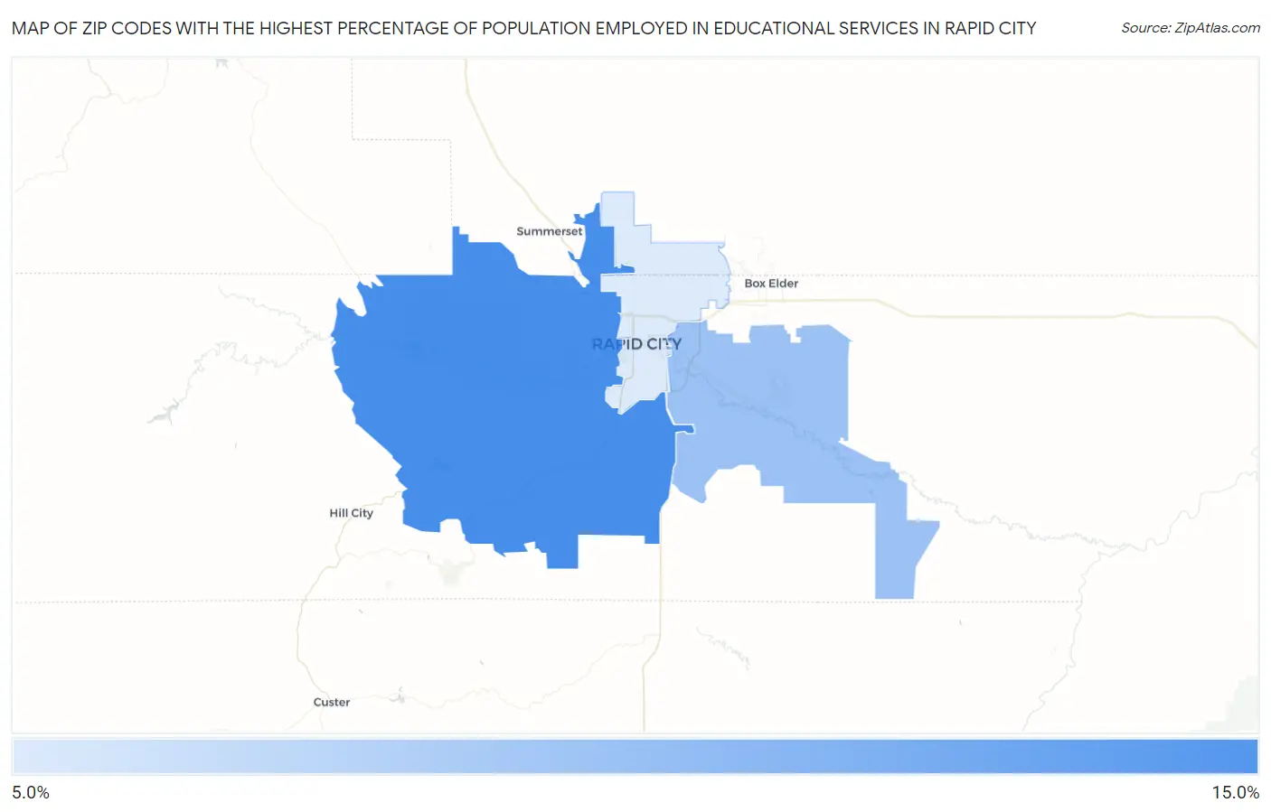 Zip Codes with the Highest Percentage of Population Employed in Educational Services in Rapid City Map