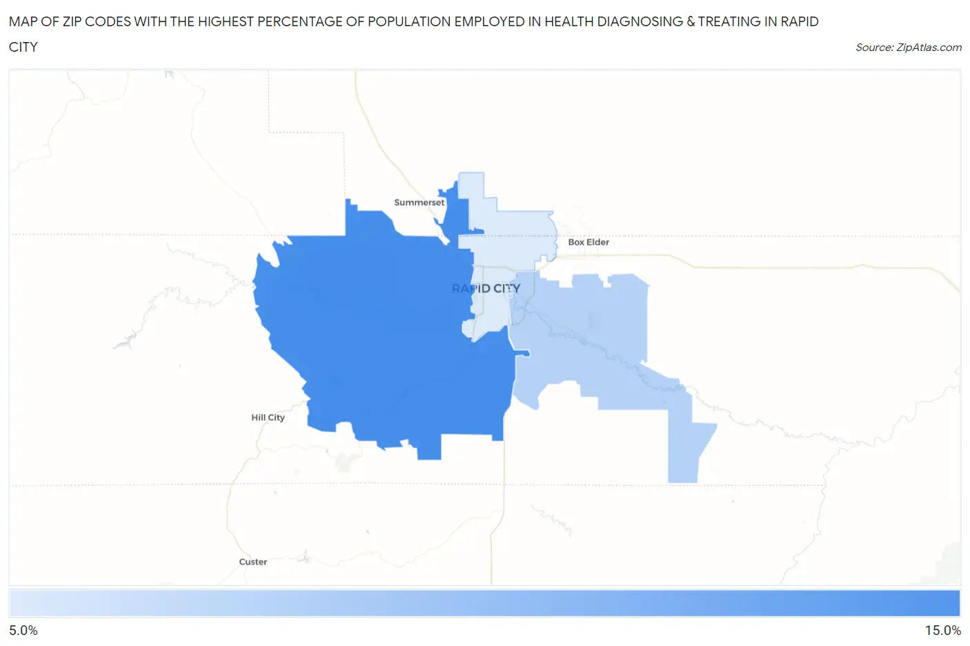 Zip Codes with the Highest Percentage of Population Employed in Health Diagnosing & Treating in Rapid City Map
