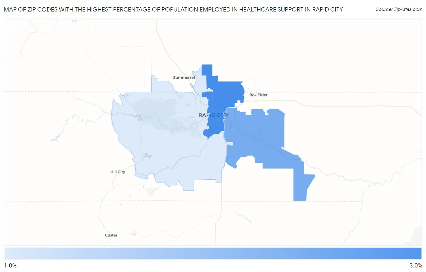 Zip Codes with the Highest Percentage of Population Employed in Healthcare Support in Rapid City Map
