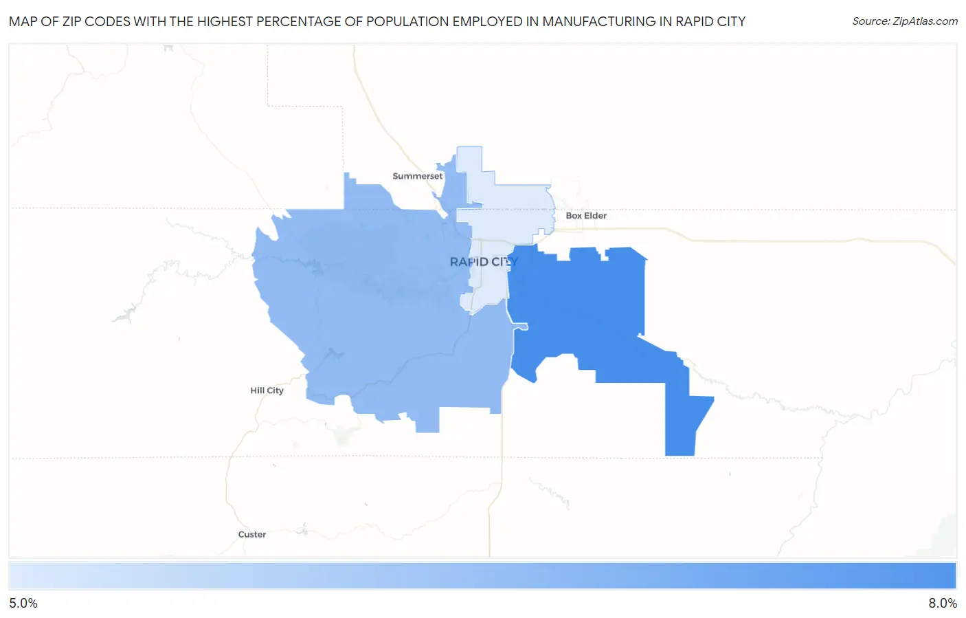 Zip Codes with the Highest Percentage of Population Employed in Manufacturing in Rapid City Map